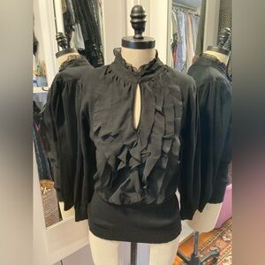 Tracy M - Black 3/4 Sleeve Ruffle-Front Peep Hole Sweater, Size Medium